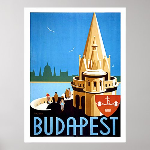 Budapest fishermans bastion vintage travel poster