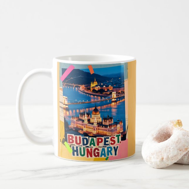 Budapest Hungary Night Cityscape Pop Art Collage Coffee Mug (With Donut)