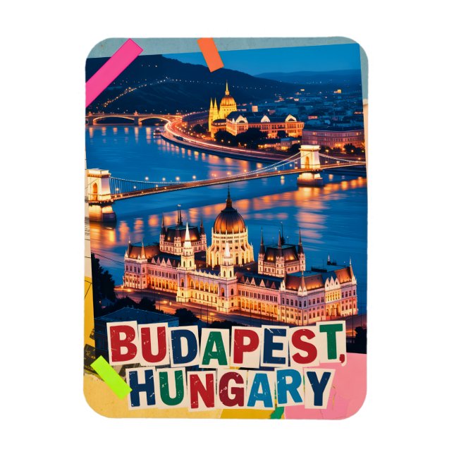 Budapest Hungary Night Cityscape Pop Art Collage Magnet (Vertical)