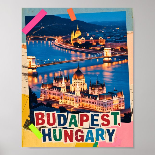Budapest Hungary Night Cityscape Pop Art Collage Poster (Front)