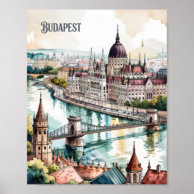 Budapest Hungary Parliament Danube River Skyline Poster (Front)