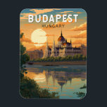 Budapest Hungary Travel Art Vintage Magnet<br><div class="desc">Budapest retro vector travel design in an emblem style. Budapest,  Hungary’s capital,  is bisected by the River Danube. Its 19th-century Chain Bridge connects the hilly Buda district with flat Pest.</div>