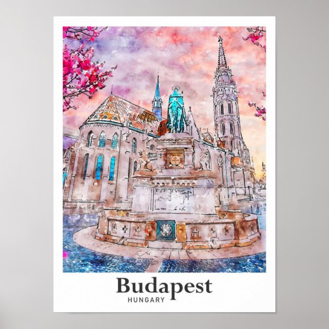 Budapest Hungary Travel Watercolor Hand Drawn Poster (Front)