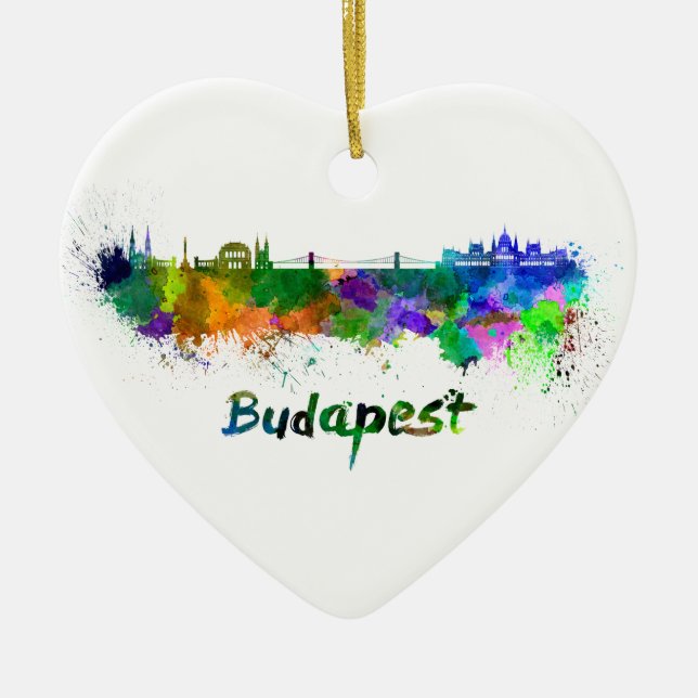 Budapest skyline in watercolor ceramic ornament (Front)