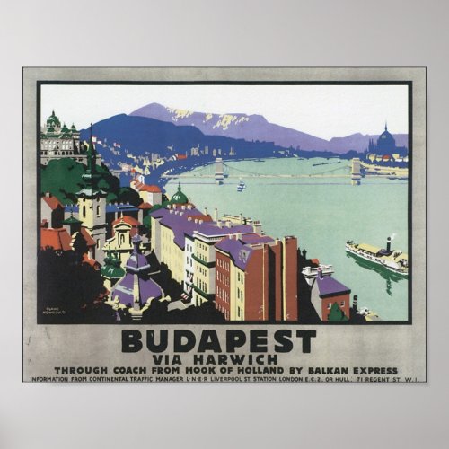 Budapest Via Harwich Vintage Travel Poster