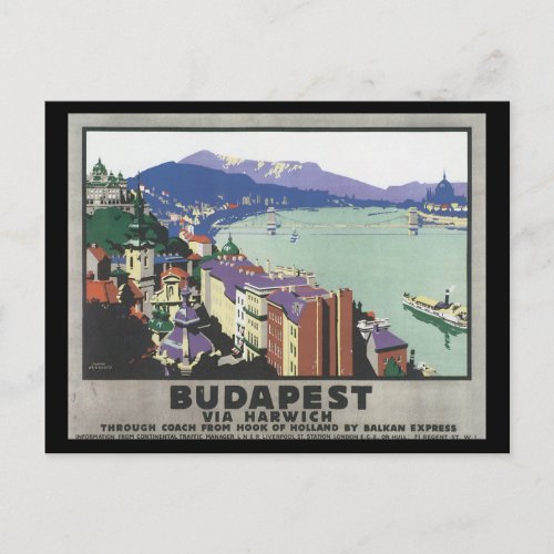 Budapest via Harwich_Vintage Travel Poster Postcard