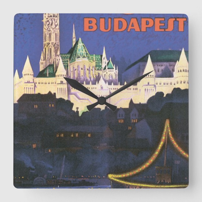 Budapest Vintage Travel Poster Square Wall Clock (Front)