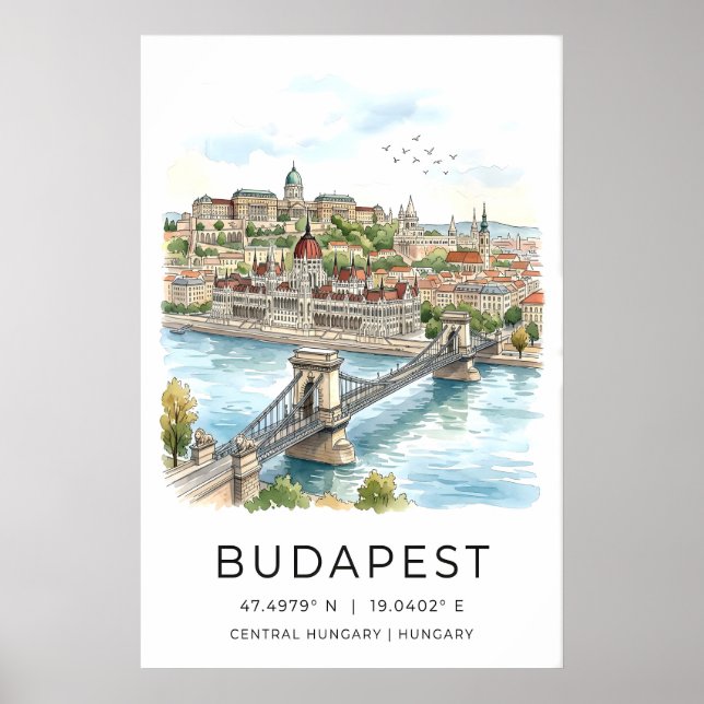 Budapest Wall Art Print Watercolor Cityscape (Front)