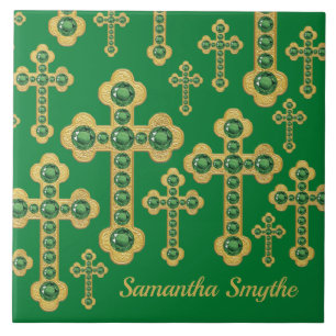 Budded Crosses with 12 Faux Emeralds - Ceramic Tile