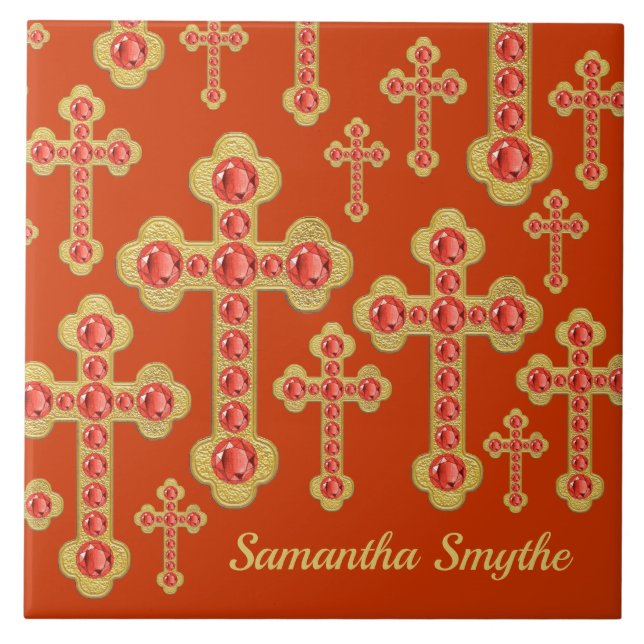 Budded Crosses with 12 Faux Garnets - Ceramic Tile (Front)