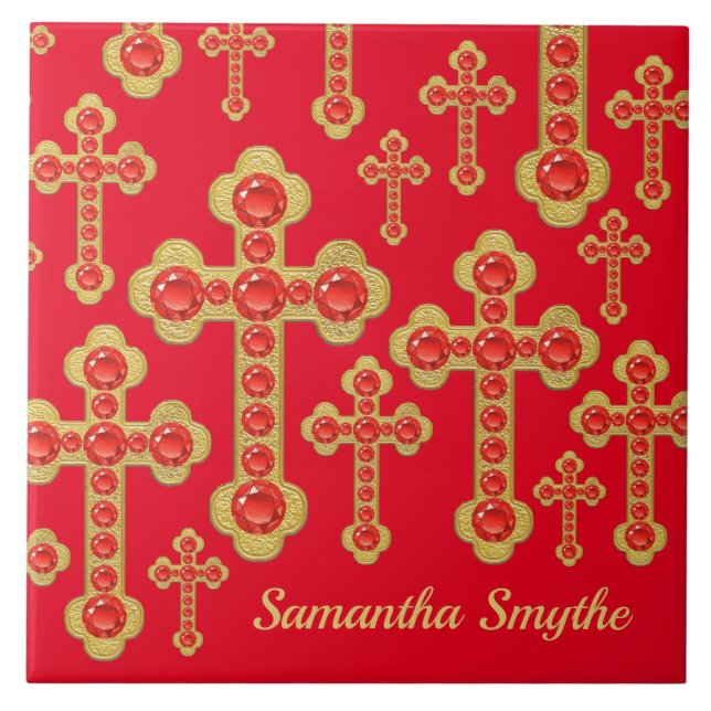 Budded Crosses with 12 Faux Rubies - Ceramic Tile (Front)