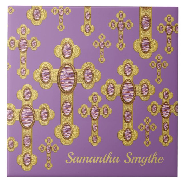 Budded Crosses with 6 Faux Purple Agates - Ceramic Tile (Front)