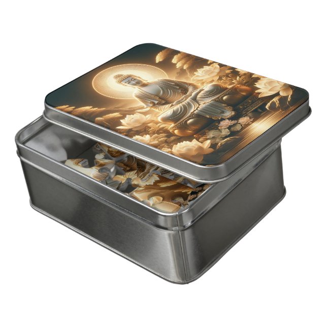 Buddha amid glowing lotus at dusk jigsaw puzzle (Lid Open)