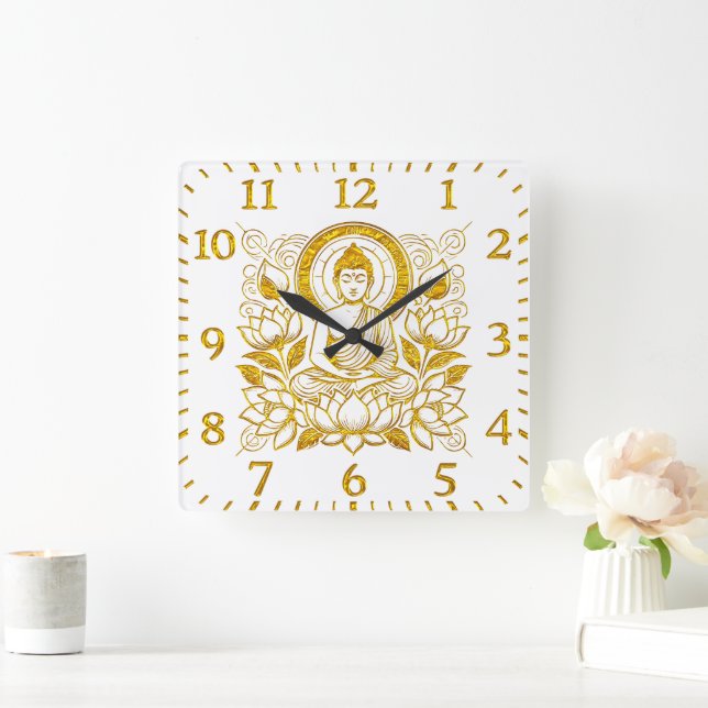 Buddha Amid Lotus Flowers Square Wall Clock (Home)