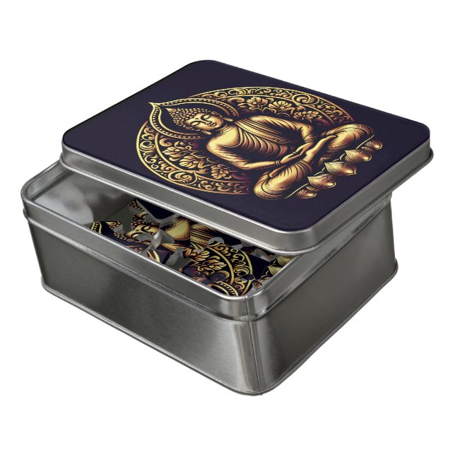 Buddha amid ornate floral patterns jigsaw puzzle (Lid Open)