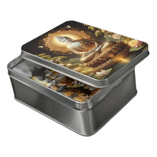 Buddha among blooming lotuses at dusk jigsaw puzzle