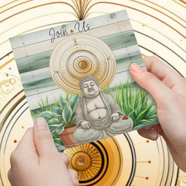 Buddha and Ladybug with Potted Plants  Invitation (Cute buddha with ladybug on plants customizable house warming party invitation for anyone. )