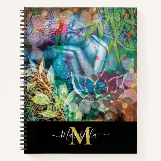 Buddha and Pink Lotus Flower Personalize Monogram Notebook (Front)