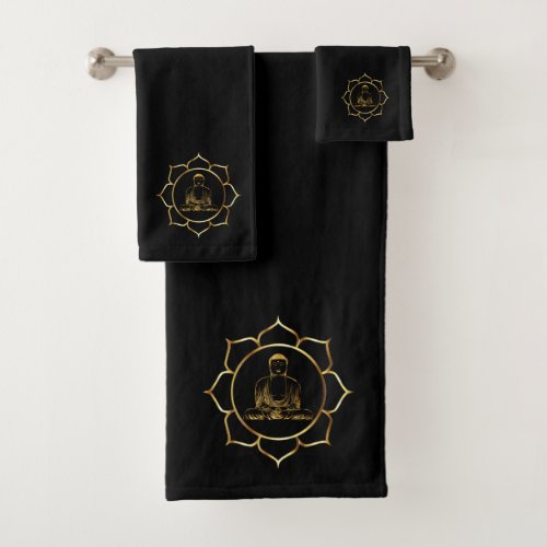 Buddha doing yoga meditation spiritual black bath towel set