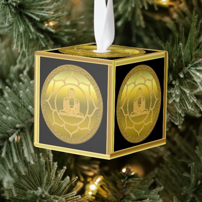 Buddha doing yoga meditation spiritual gold foil cube ornament (Tree)