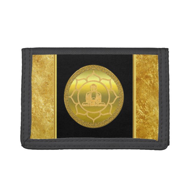 Buddha doing yoga meditation spiritual gold foil tri-fold wallet (Front)
