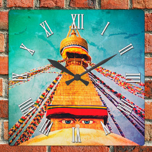 Buddha Eyes, Boudhanath Stupa, Nepal / Buddhism Square Wall Clock