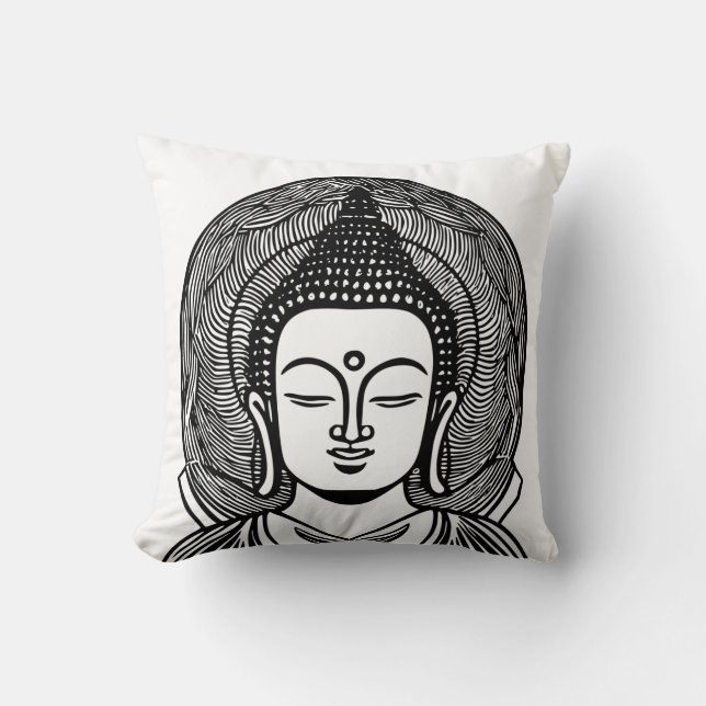 Buddha Face Black and White Zen Throw Pillow (Front)