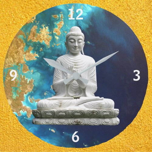 Buddha Floating Against Blues and Gold Clock