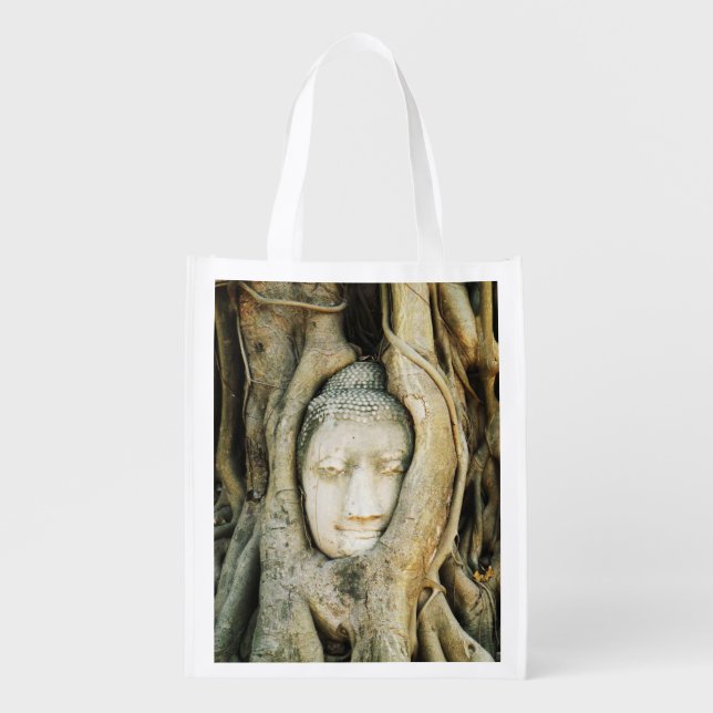 Buddha Head in the Fig Tree .. Ayutthaya, Thailand Grocery Bag (Front)