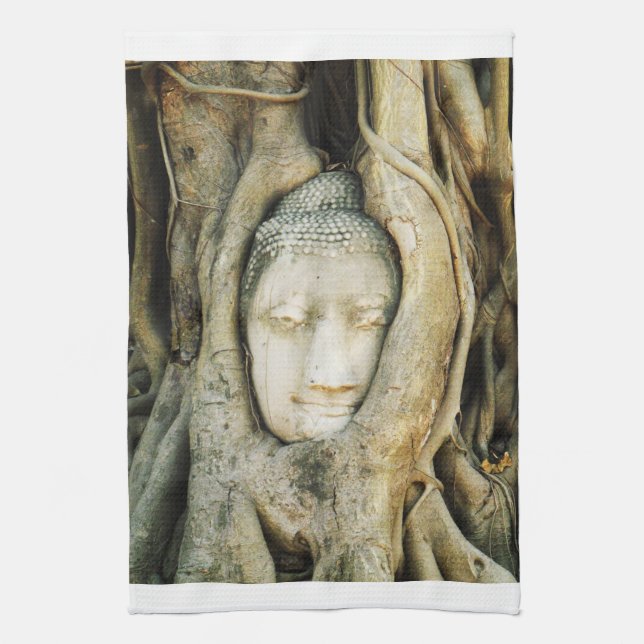 Buddha Head in the Fig Tree .. Ayutthaya, Thailand Kitchen Towel (Vertical)