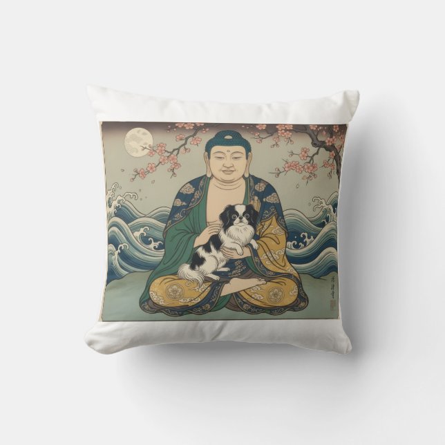 Buddha holding Japanese Chin Throw Pillow (Front)