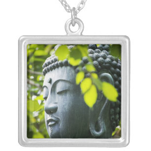 Vintage Cabochon Glass Necklace Silver Black bronze pendants（Gautama Buddha）#381 