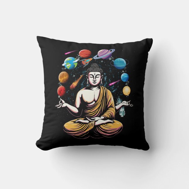 Buddha Juggling Space Planets Zen Yoga Meditation  Throw Pillow (Front)
