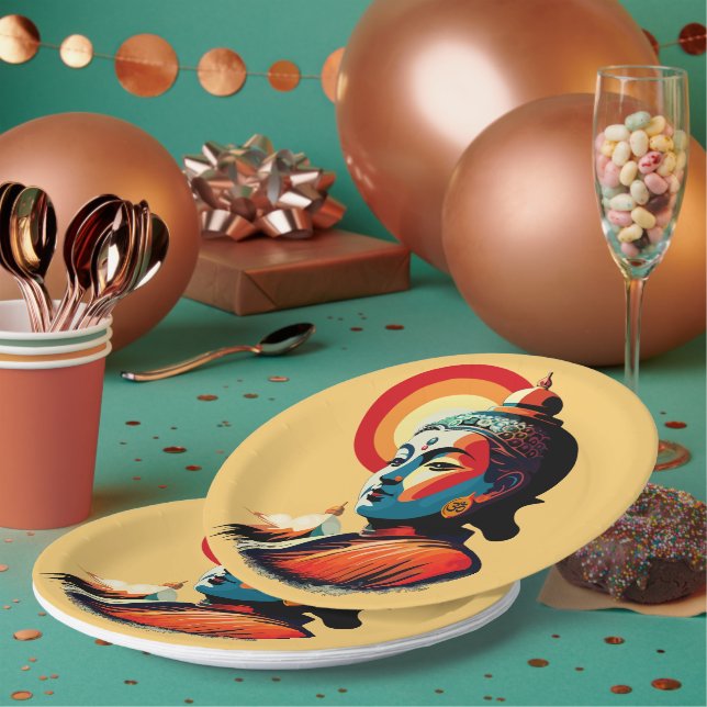 Buddha Lord Retro Pop Art Portrait Paper Plates (Multi)