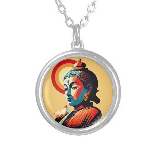 Buddha Lord Retro Pop Art Portrait Silver Plated Necklace