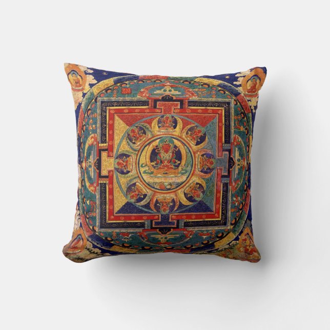 Buddha Mandala Antique Tibetan Thanka Throw Pillow (Front)