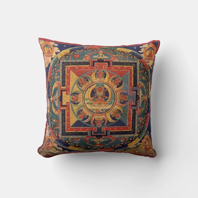 Buddha Mandala Antique Tibetan Thanka Throw Pillow (Front)