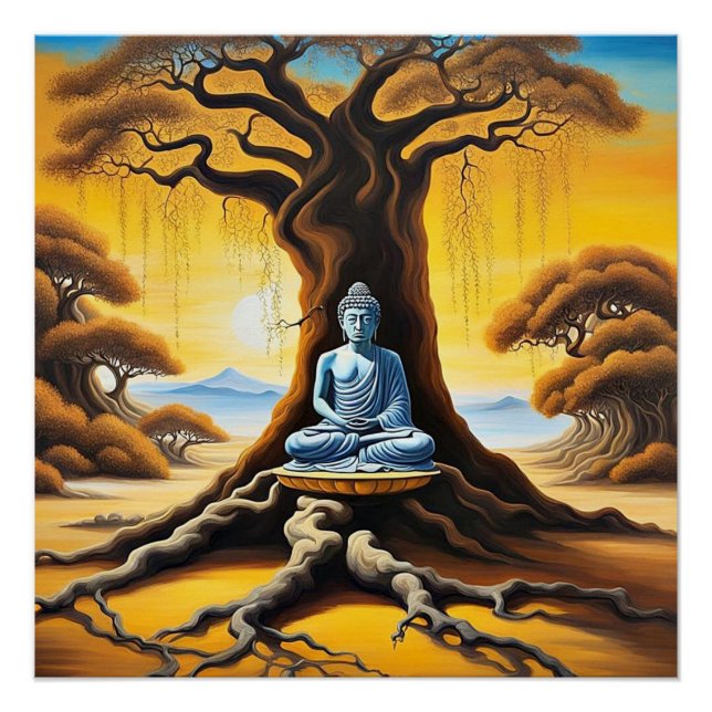 Buddha mediates under tree poster (Front)