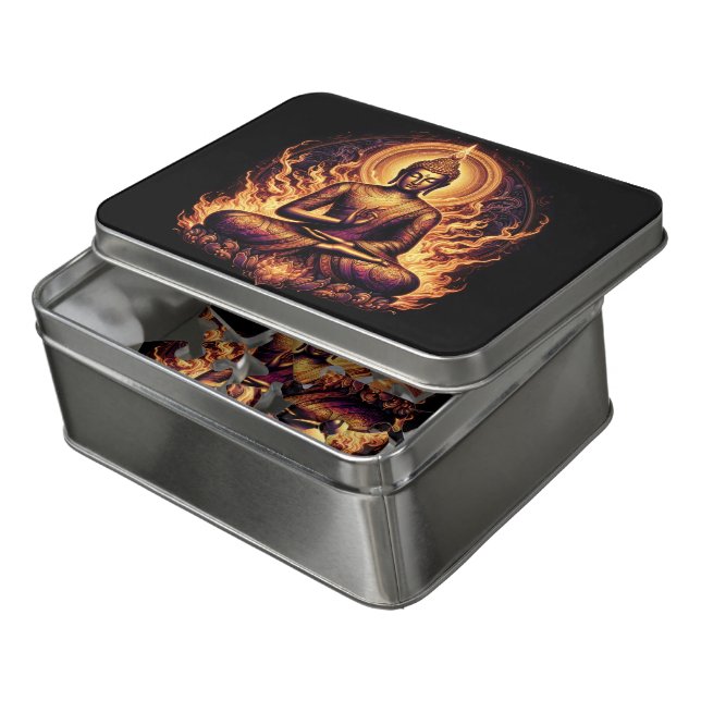 Buddha meditates in tranquil flames jigsaw puzzle (Lid Open)