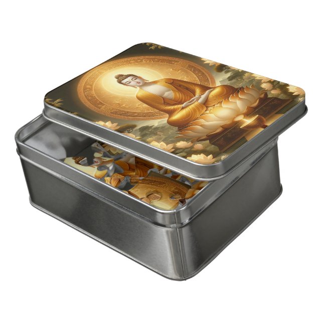Buddha meditating among lotus blooms jigsaw puzzle (Lid Open)