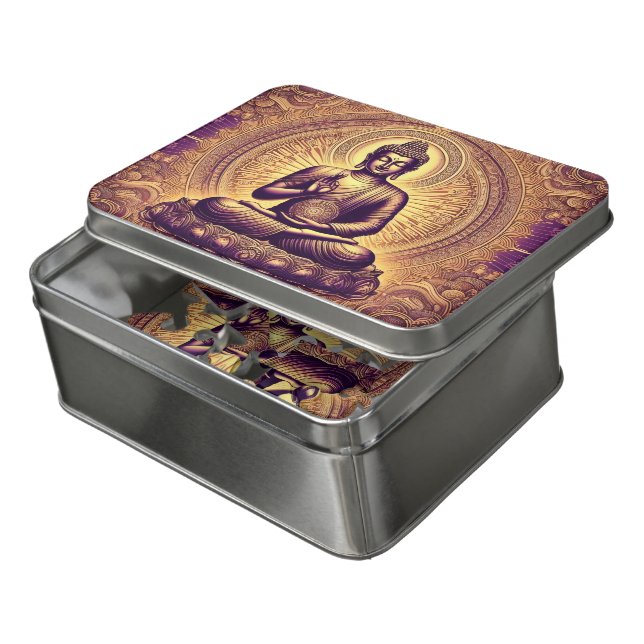 Buddha meditating in dawn's patterns jigsaw puzzle (Lid Open)