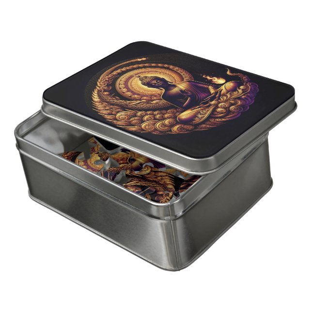 Buddha meditating in golden dusk jigsaw puzzle (Lid Open)