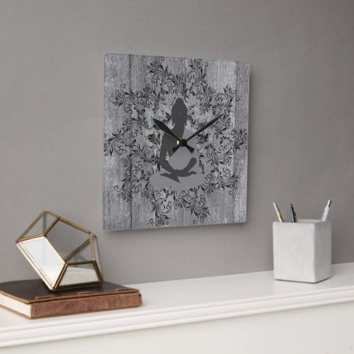 Buddha on Rustic Wood Black Leafy Wreath  Square Wall Clock