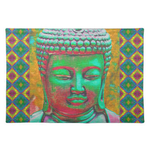 Buddha Pop in Teal Green and Red Cloth Placemat