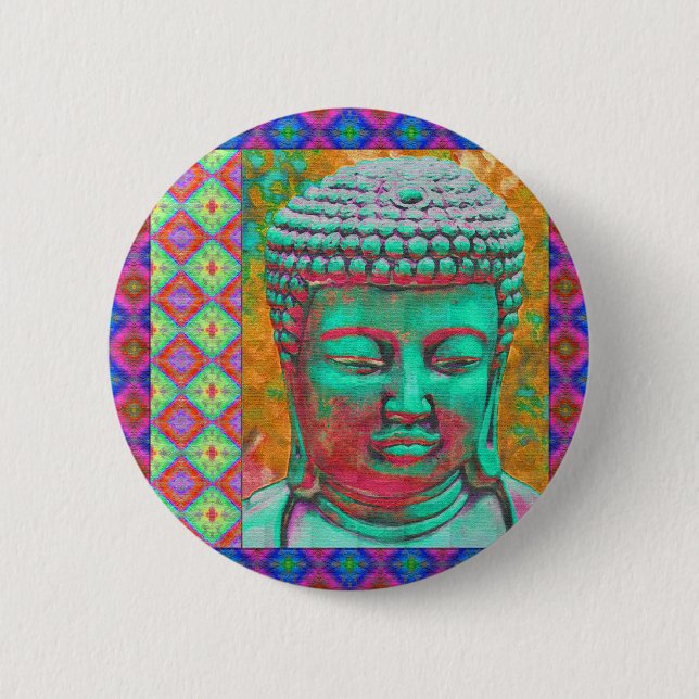 Buddha Pop with Patchwork Borders in Blue and Pink Pinback Button (Front)