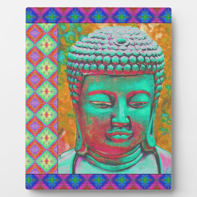 Buddha Pop with Patchwork Borders in Blue and Pink Plaque (Front)