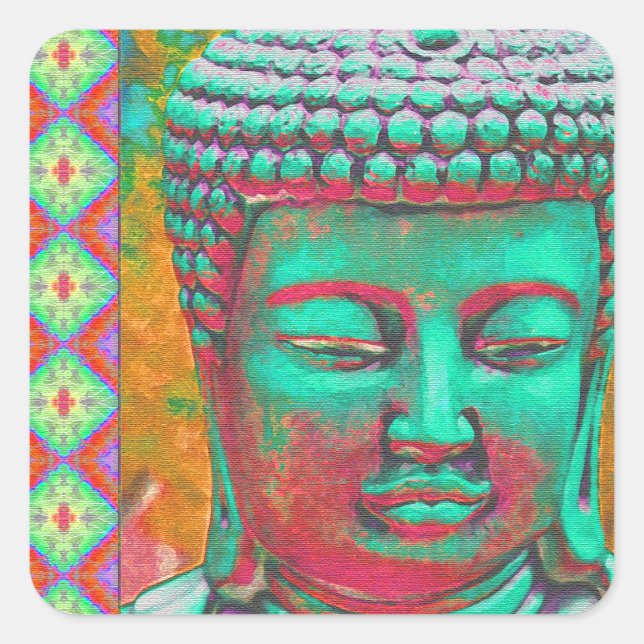 Buddha Pop with Patchwork Borders in Blue and Pink Square Sticker (Front)