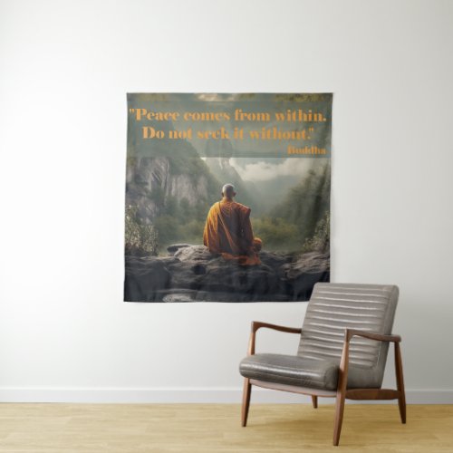 Buddha Quote  Buddhist Monk Meditating in Nature Tapestry