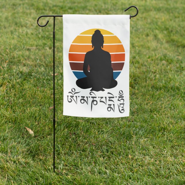 Buddha Retro Sunset Om Mani Padme Hum Mantra Garden Flag (In SItu)