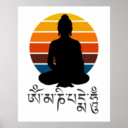 Buddha Retro Sunset Om Mani Padme Hum Mantra Poster